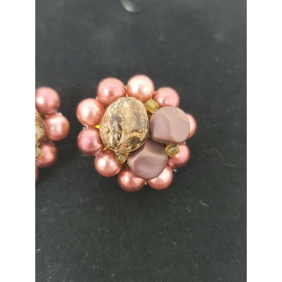 Vintage Clip On Japan Burgandy Brown Faux Pearl Bead Round Earring Set Gold Tone - Picture 2 of 12